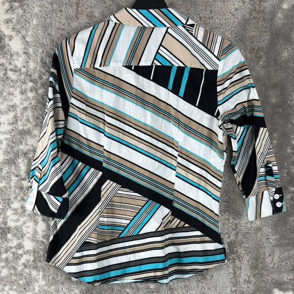 Dana Buchman Size S Abstract Striped V Neck Top 3/4 Sleeve Button Shirt Casual - Picture 5 of 10